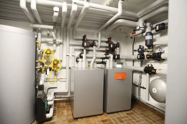 Ein Wärmepumpe und mehrere Rohre, die von der Wärmepumpe wegführen und an der Decke des Raums verlaufen. 